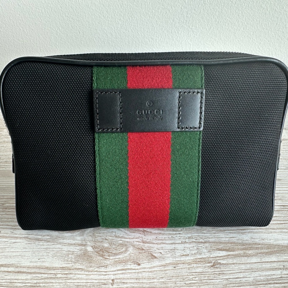 Gucci Black Toiletry Bag with Green and Red Stripe